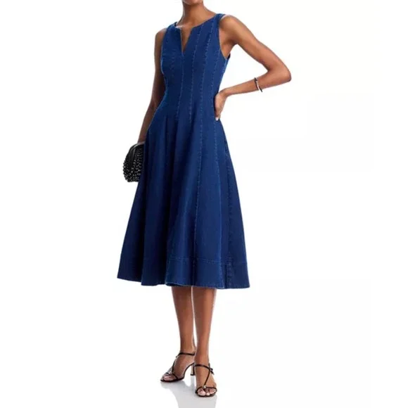 fit & flare sleeveless denim midi dress Sleeveless A-Line Fit & Flare Denim Midi Dress